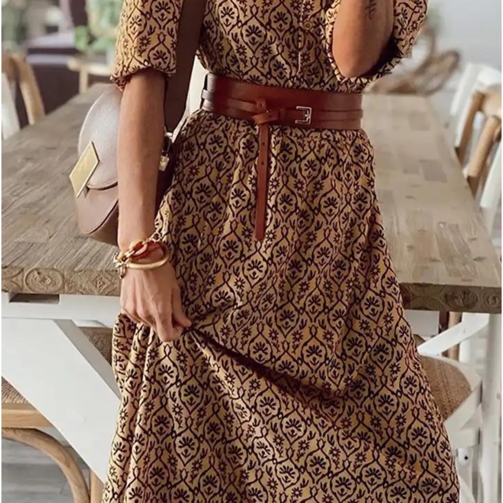 43 Brown Black Pattern Silky Soft Maxi Long Bohemian Boho Dress Short Sleeve - Picture 6 of 6